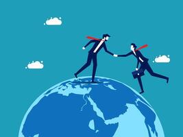 two businessmen are shaking hands on top of the globe vector