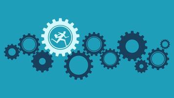 a blue background with gears and a man running vector