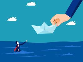 businessman in a boat with paper boat and a hand reaching for it vector