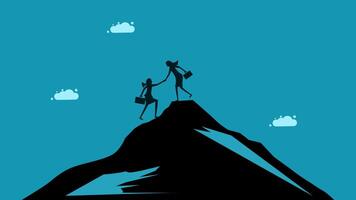 two people standing on top of a mountain with a cloud in the background vector