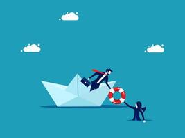 businessman on paper boat with life preserver and a man on the other side vector
