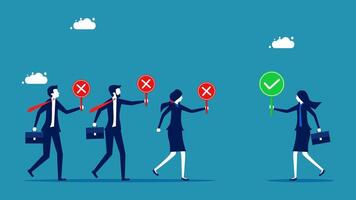 business people are walking in a line with a red and green check mark vector