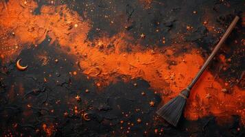 Halloween-Themed Background with Orange and Black Textures, Stars, Crescent Moon, and a Witch's Broomstick photo