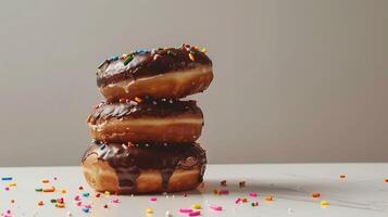 Stack of Three Chocolate Glazed Donuts with Sprinkles photo