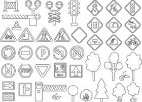 black and white road signs set. Railway and traffic street line icons collection with barrier, semaphore, construction works cone. Cute highway rules, traffic lights clipart, coloring page vector