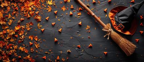 Halloween Witch Hat and Broomstick with Autumn Leaves and Candy Corn on Dark Background photo