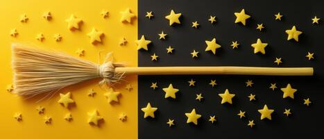 Broomstick on Yellow and Black Background with Star Decorations - Halloween Conceptual Image photo