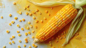 Fresh Corn on the Cob with Husk and Kernels on a Vibrant Yellow and White Background photo