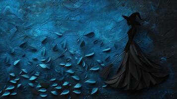Mystical Witch Silhouette in Dark Flowing Dress with Broom on Abstract Blue Background with Falling Leaves photo