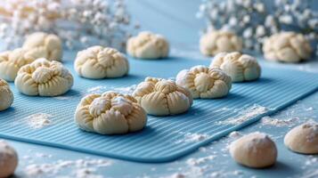 Freshly Prepared Dough Balls on a Blue Mat with Flour and Flowers in the Background photo