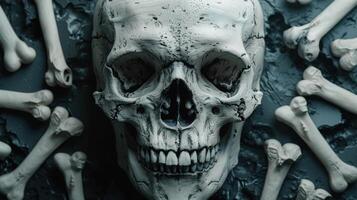 Detailed Close-Up of a Human Skull Surrounded by Bones on a Dark Background photo