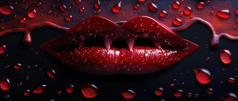 Close-Up of Glossy Red Vampire Lips with Water Droplets on Dark Background photo
