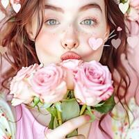 Young Woman with Freckles Holding Pink Roses and Blowing a Kiss Surrounded by Heart Illustrations photo