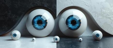 Surreal Artistic Composition of Large Blue Eyes with Smaller Eyes on Black and White Background photo