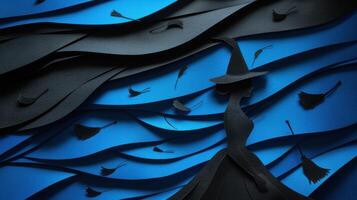 Silhouette of a Witch in a Paper Art Style with Brooms and Flowing Blue and Black Background photo