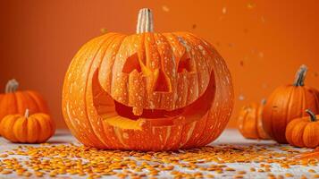 Carved Halloween Pumpkin with a Smiling Face Surrounded by Pumpkin Seeds and Smaller Pumpkins on an Orange Background photo