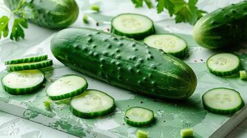 Fresh Green Cucumbers and Slices on a Cutting Board with Parsley in the Background photo