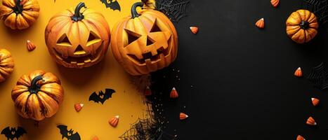 Festive Halloween Background with Carved Pumpkins, Candy Corn, and Spider Webs on Orange and Black photo