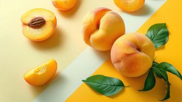 Fresh and Juicy Peaches with Green Leaves on a Colorful Background - Perfect for Summer and Healthy Eating Themes photo