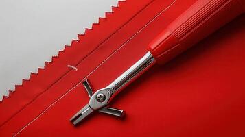 Close-Up of a Red and Silver Sewing Tool on Red Fabric with Zigzag Stitching photo