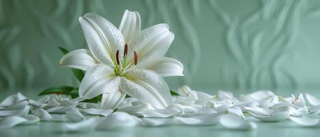 Elegant White Lily Flower with Dew Drops on Petals and Soft Green Background photo