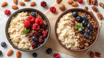 Delicious Bowls of Oatmeal with Fresh Berries and Nuts for a Healthy Breakfast photo