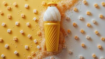 Bright Yellow Smoothie Cup with Sugar Cubes and Granules on a Vibrant Yellow and White Background photo