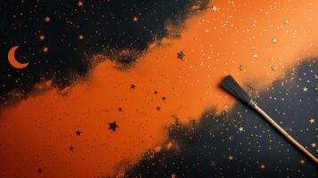 Halloween-Themed Background with Orange and Black Stars and a Broomstick photo