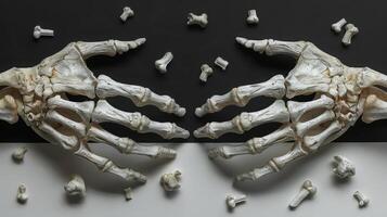 Two Skeleton Hands Reaching Out on Black and White Background with Scattered Bone Fragments photo
