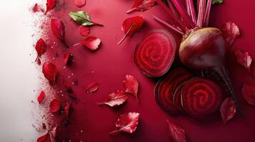 Fresh Red Beetroot with Sliced Pieces and Leaves on a Vibrant Red Background photo