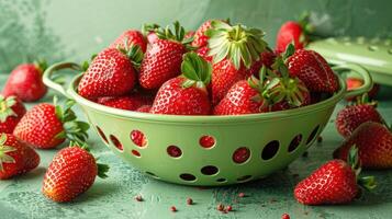 Fresh Ripe Strawberries in a Green Colander on a Rustic Green Background with Scattered Berries photo