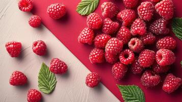 Fresh Raspberries on Red and White Background with Green Leaves - Vibrant and Juicy Summer Berries photo