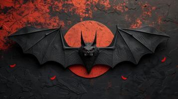 Dramatic Black Bat with Red Eyes Against a Red and Black Textured Background photo