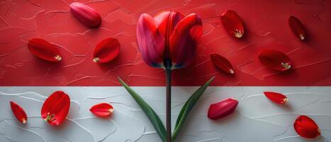 Red and White Tulip on Textured Background with Petals Spread Around in Artistic Arrangement photo