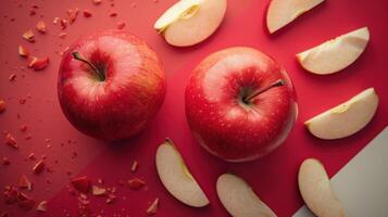 Fresh Red Apples and Sliced Apple Pieces on a Vibrant Red Background with Artistic Composition photo
