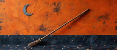 Halloween-Themed Background with Broomstick and Crescent Moon on Orange and Black Wall Decorated with Stars photo