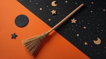 Traditional Witch Broom on Halloween-Themed Background with Stars and Moons photo