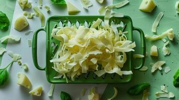 Freshly Grated Cheese on Green Grater with Basil Leaves and Cheese Slices on Green Background photo