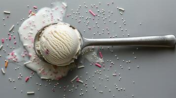 Delicious Vanilla Ice Cream Scoop with Colorful Sprinkles on Gray Background photo