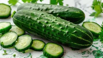 Fresh Green Cucumbers and Slices on Marble Surface with Parsley in Background photo