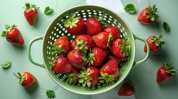 Fresh Ripe Strawberries in a Green Colander on a Light Green Background with Leaves photo