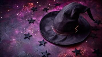 Enchanting Witch Hat on Mystical Purple Background with Stars - Perfect for Halloween and Fantasy Themes photo