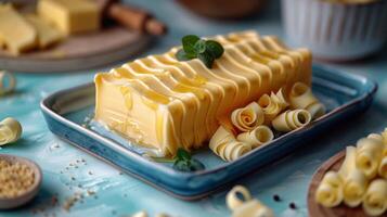 Delicious Butter with Honey and Herb Garnish on Ceramic Plate Surrounded by Butter Curls and Spices photo