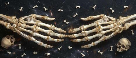 Skeleton Hands Reaching Out in Space with Skulls and Bones on a Starry Background photo