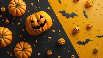 Festive Halloween Background with Carved Pumpkins and Flying Bats on Black and Orange Split Background photo