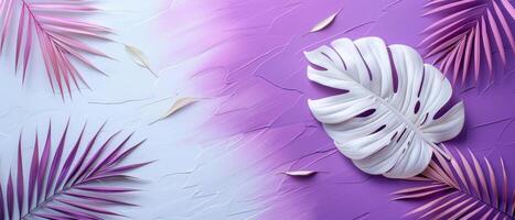Abstract Tropical Background with Purple and White Palm Leaves on Textured Gradient Surface photo