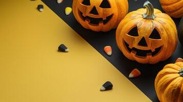 Halloween Jack-o'-Lantern Pumpkins and Candy Corn on Yellow and Black Background photo