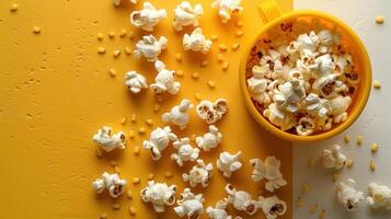Popcorn Spilled from Yellow Bowl on Vibrant Yellow Background with Corn Kernels photo