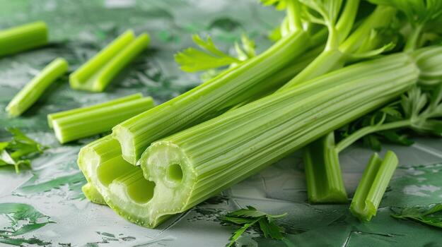 Fresh Green Celery Stalks on a Textured Surface with Leaves and Sliced Pieces photo