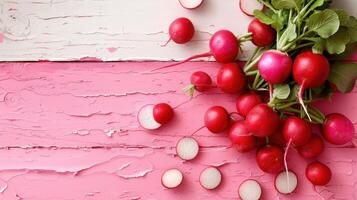 Fresh Red Radishes on Rustic Pink and White Wooden Background with Sliced Pieces photo